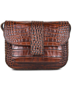 Malá kabelka crossbody z hovädzej kože s dezénom krokodíla v hnedej farbe