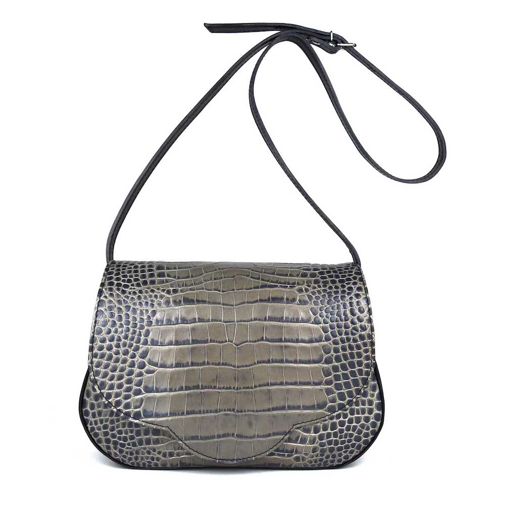 Kabelka crossbody z hovädzej kože s dezénom krokodíla v šedej farbe – Obrázok 9