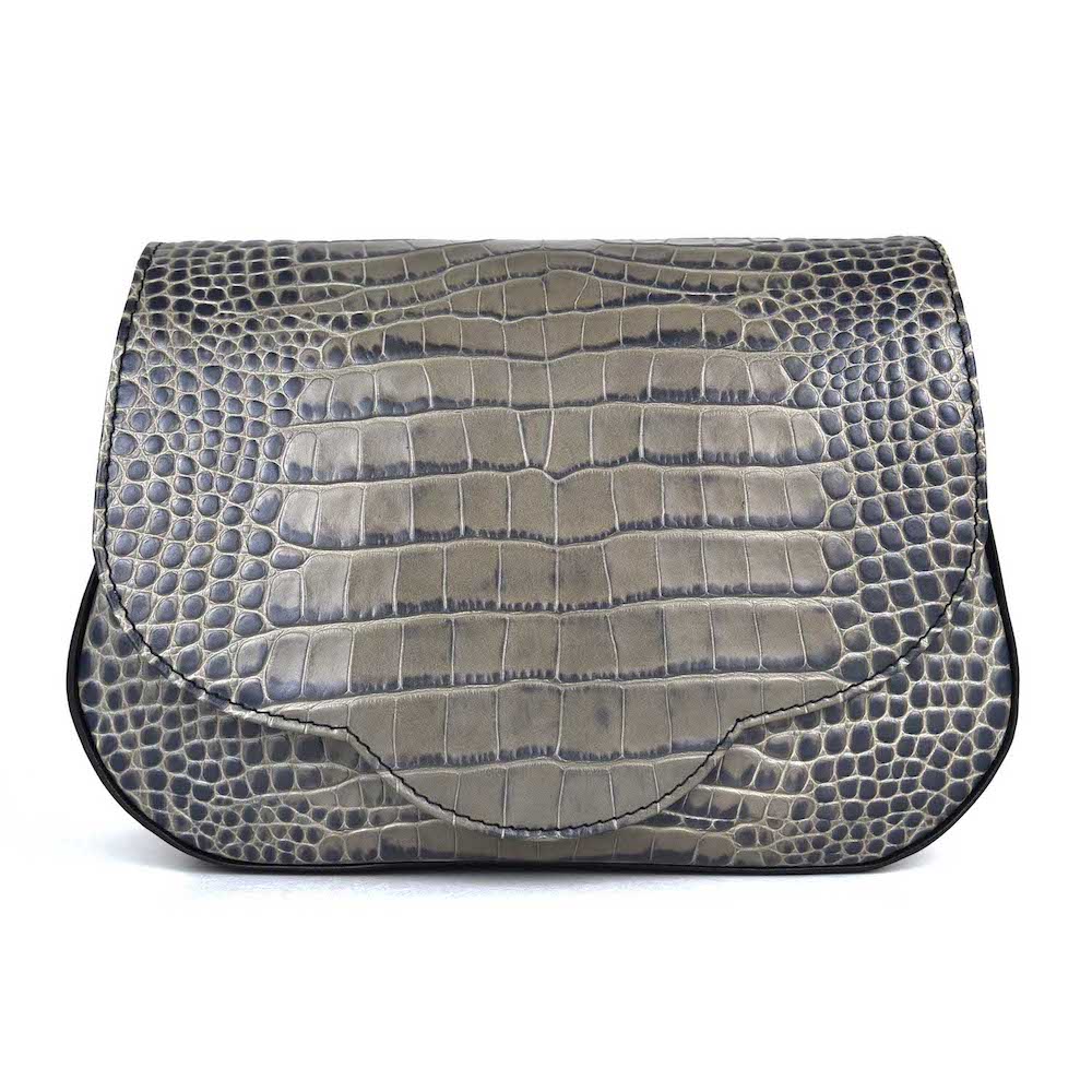 Kabelka crossbody z hovädzej kože s dezénom krokodíla v šedej farbe – Obrázok 4