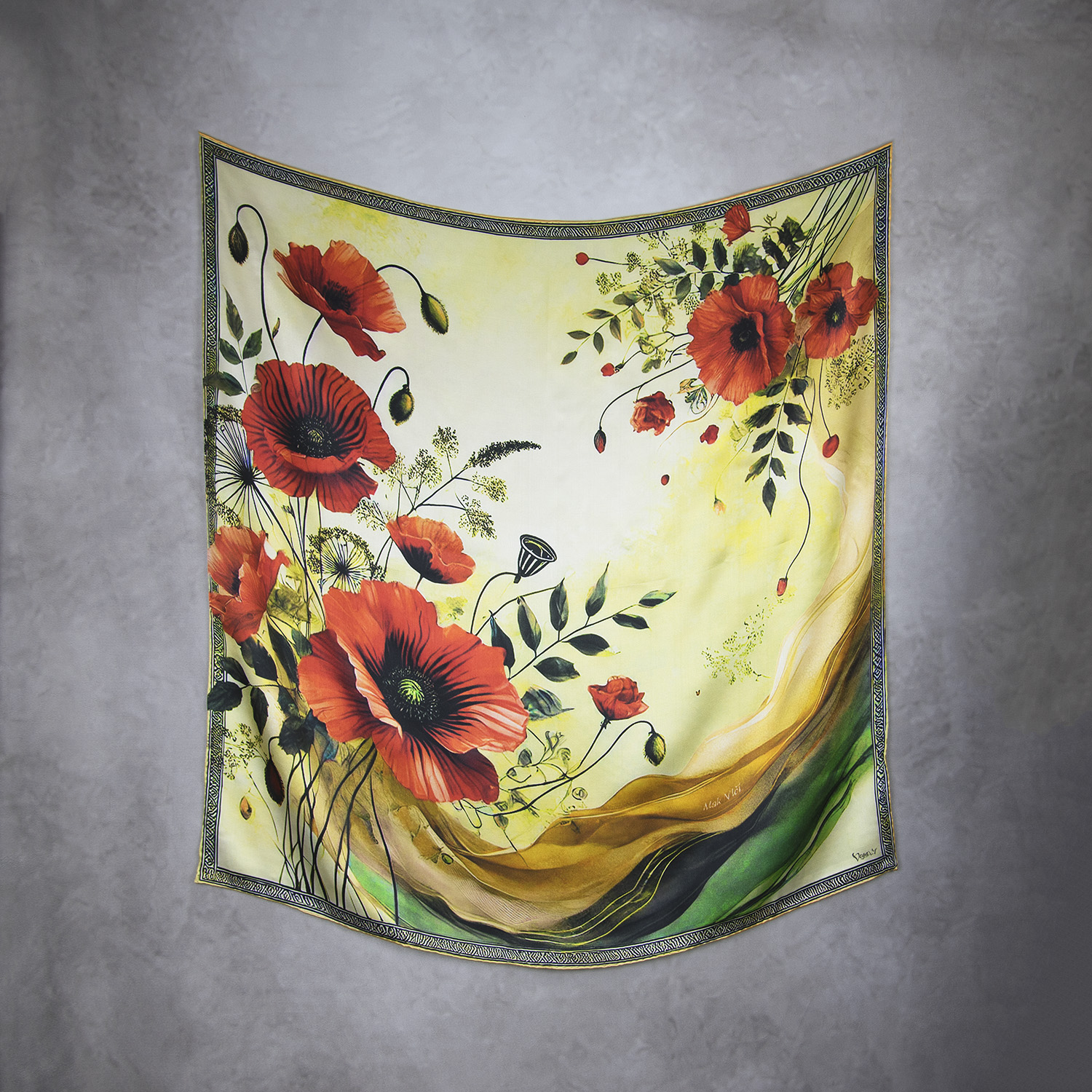 Hodvábna šatka MAK VLČÍ - ZELENÝ, 90 x 90cm, Vyrobené na Slovensku – Obrázok 2