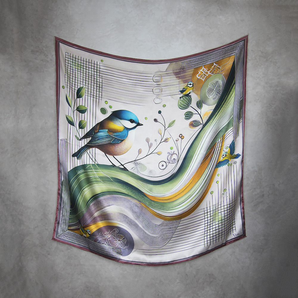 Hodvábna šatka SÝKORKA - PURPUROVÁ, 90 x 90cm, Vyrobené na Slovensku – Obrázok 2