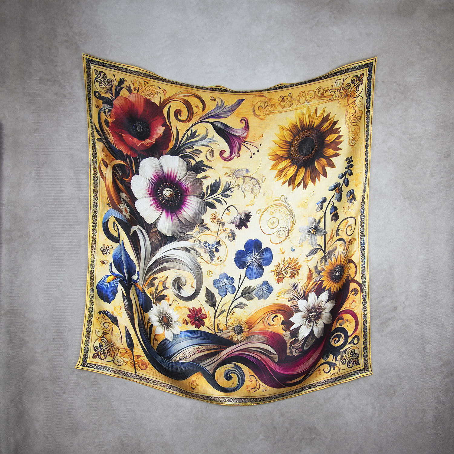 Hodvábna šatka LÚČNE KVETY - ZLATÉ, 90 x 90cm, Vyrobené na Slovensku – Obrázok 2