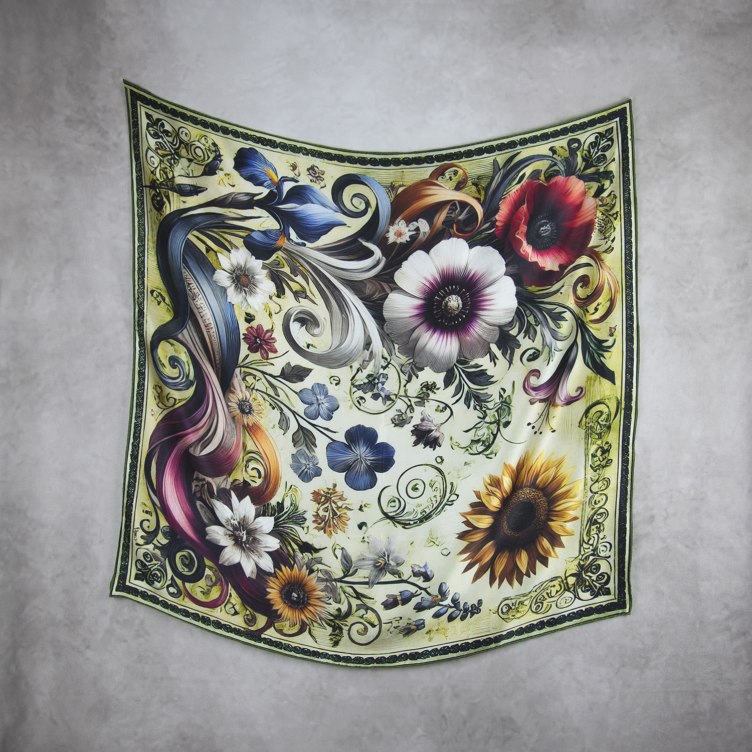 Hodvábna šatka LÚČNE KVETY - ZELENÉ, 90 x 90cm, Vyrobené na Slovensku – Obrázok 2