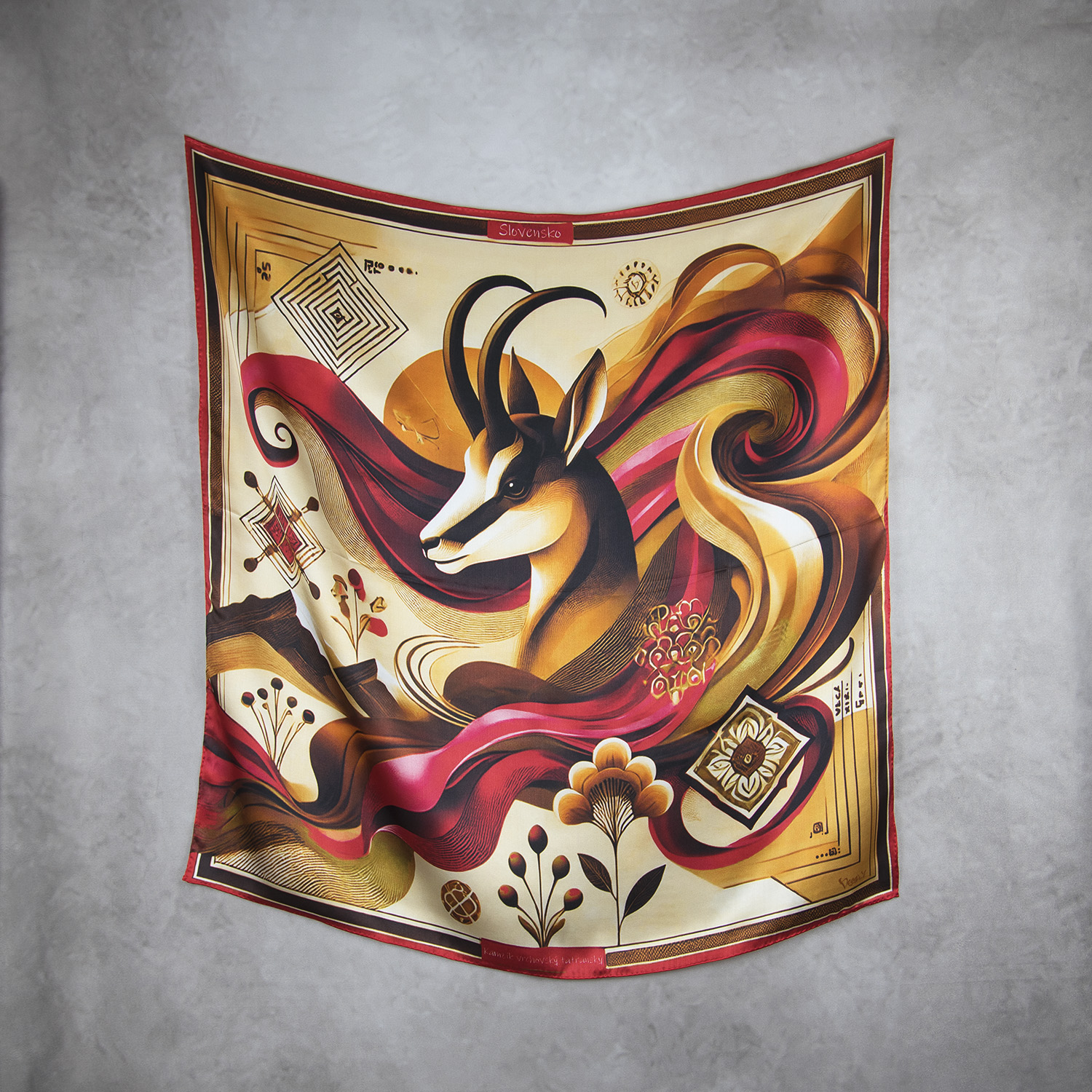Hodvábna šatka KAMZÍK - ČERVENÝ, 90 x 90cm, Vyrobené na Slovensku – Obrázok 2