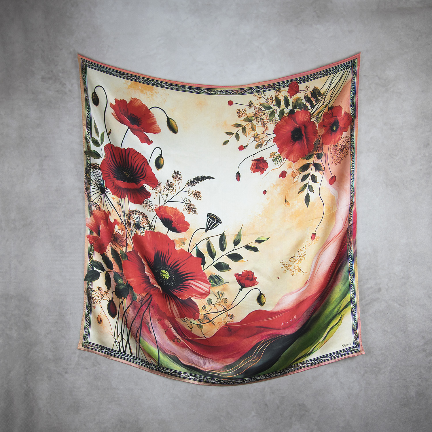 Hodvábna šatka MAK VLČÍ - ČERVENÝ, 90 x 90cm, Vyrobené na Slovensku – Obrázok 2