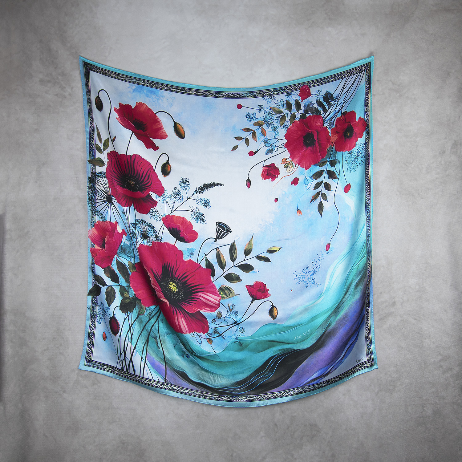 Hodvábna šatka MAK VLČÍ - MODRÝ, 90 x 90cm, Vyrobené na Slovensku – Obrázok 2