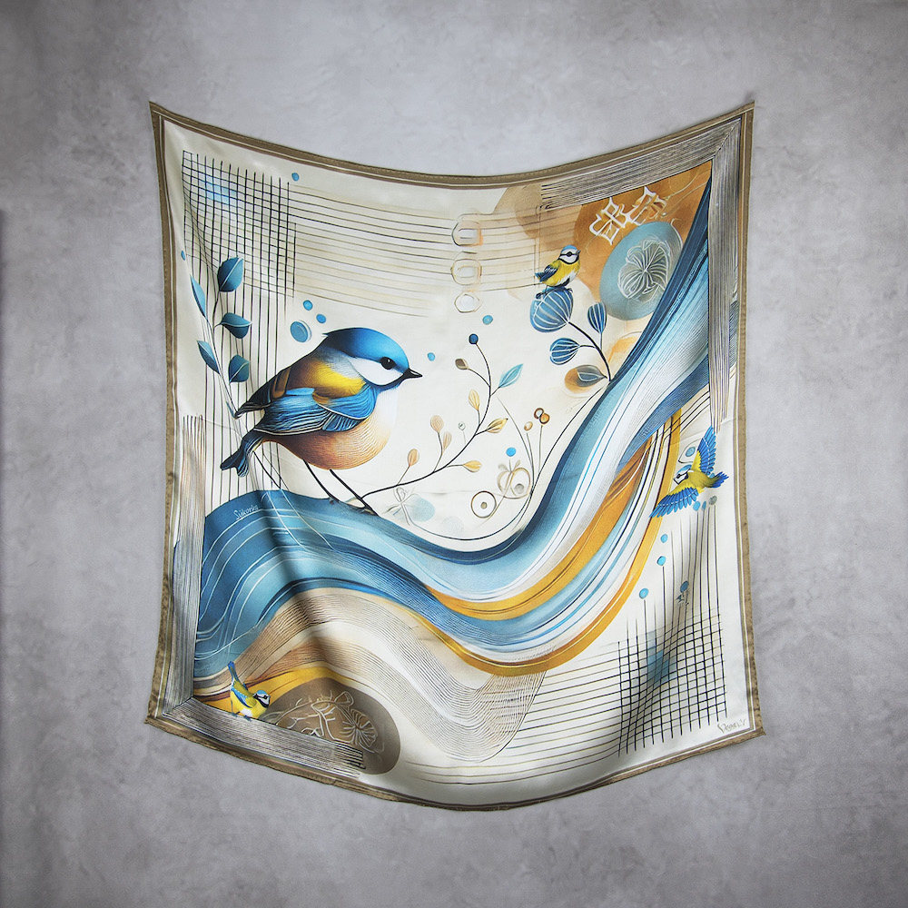 Hodvábna šatka SÝKORKA - KRÉMOVÁ, 90 x 90cm, Vyrobené na Slovensku – Obrázok 2