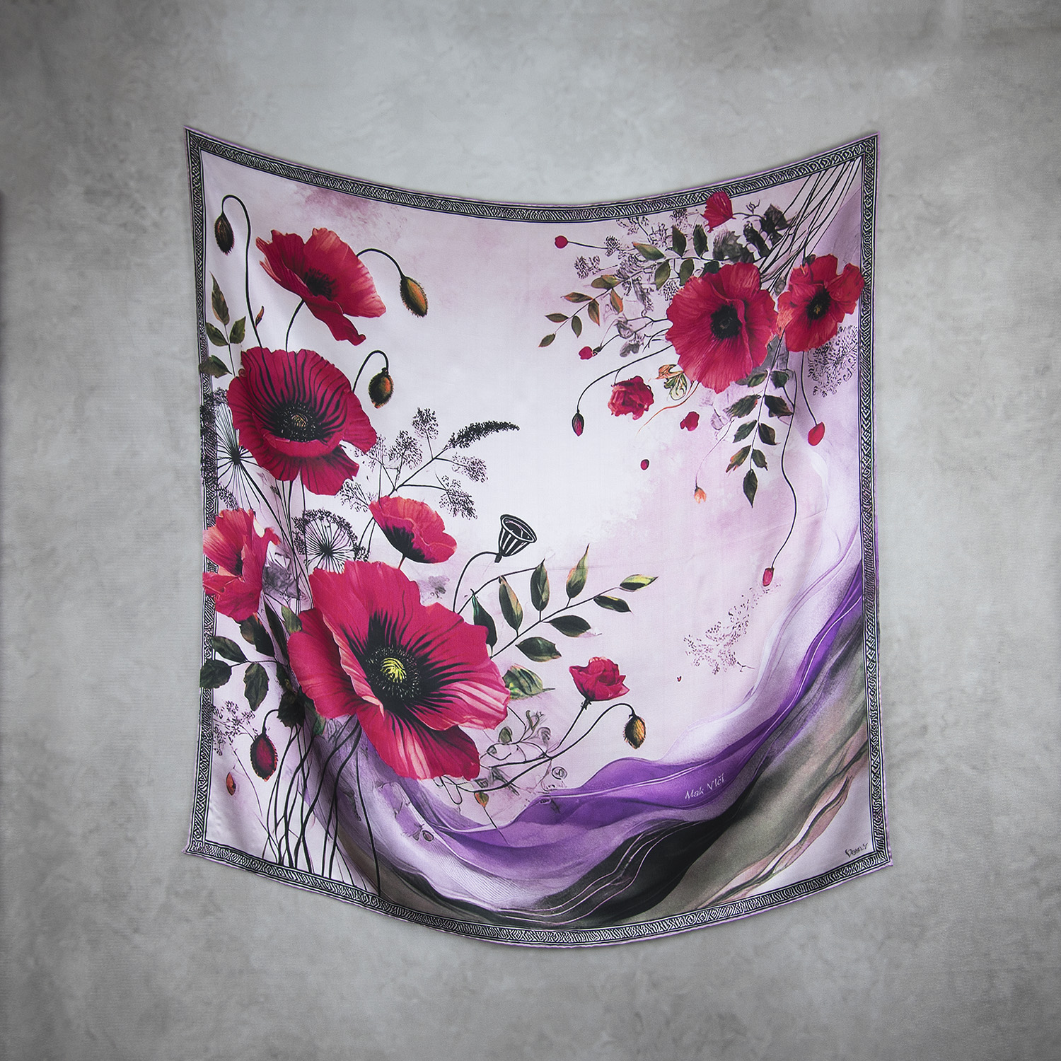 Hodvábna šatka MAK VLČÍ - FIALOVÝ, 90 x 90cm, Vyrobené na Slovensku – Obrázok 2