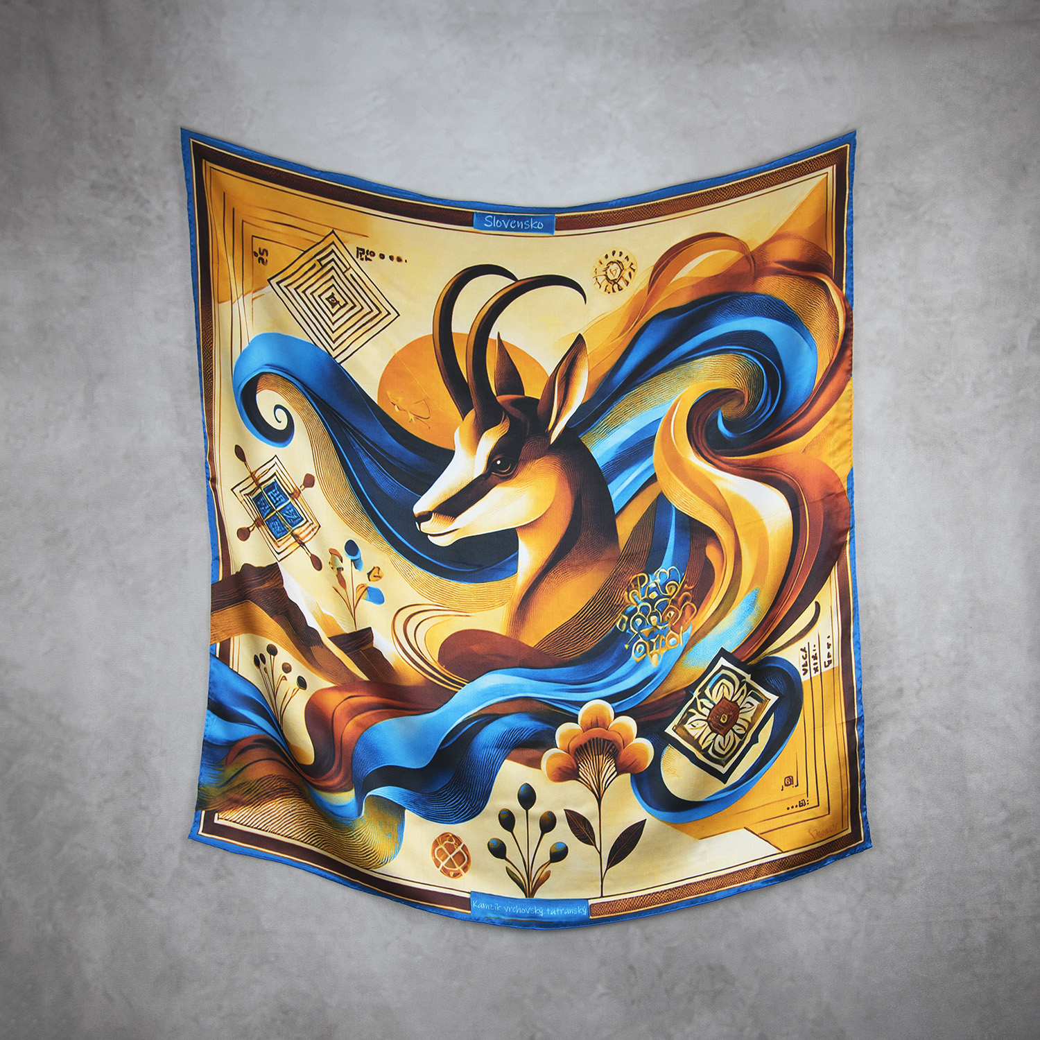 Hodvábna šatka KAMZÍK - MODRÝ, 90 x 90cm, Vyrobené na Slovensku – Obrázok 2