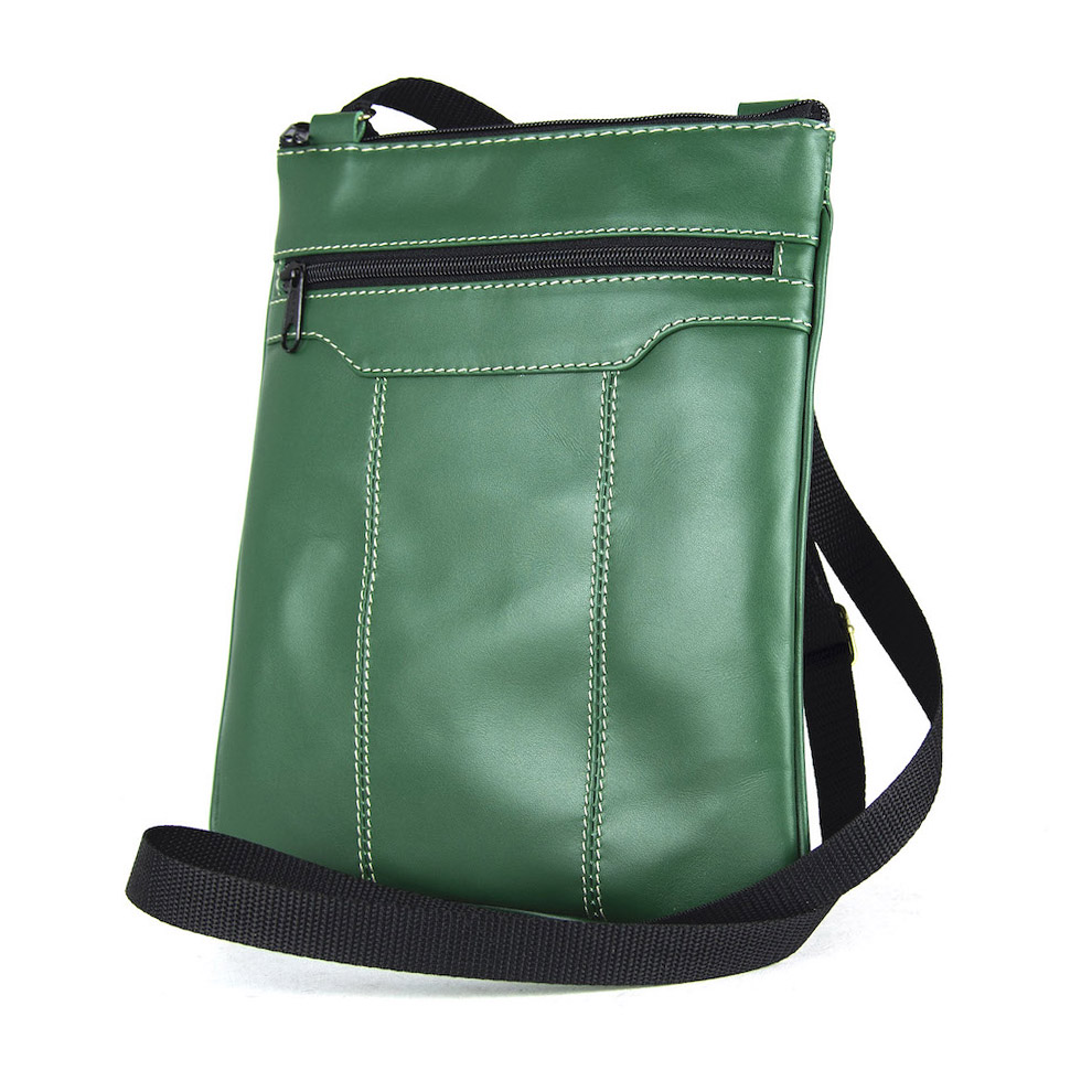 Crossbody kožená taška s dekoračným prešívaním v zelenej farbe